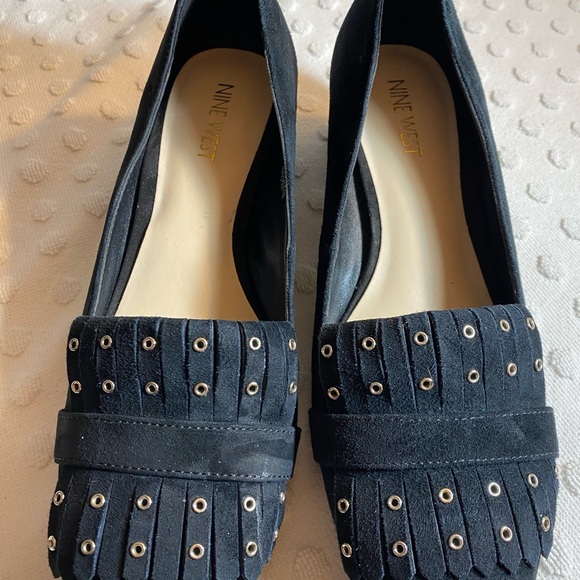 NINE WEST Black Suede Kiltie with Studs Block Mid Heel Slip-On Loafer - Picture 2 of 15